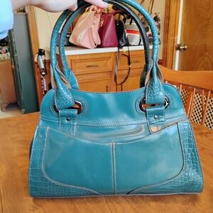 Emily M. Teal Blue Faux Leather Satchel Handbag/ Purse Zipper Closure 5 Pockets